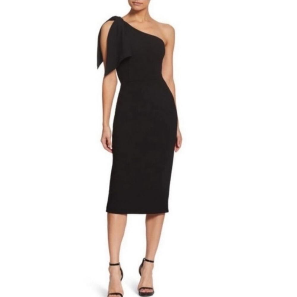 Dress The Population‎ Tiffany One Shoulder Bow Detail Midi Sheath Dress Black M